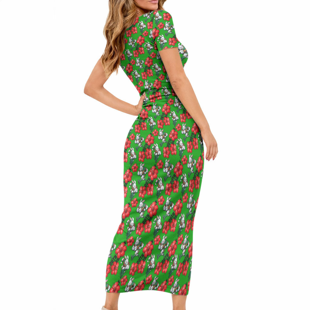 South Sydney Rabbitohs Short Sleeve Bodycon Dress Tropical Hibiscus Floral Seamless Rugby Mascot