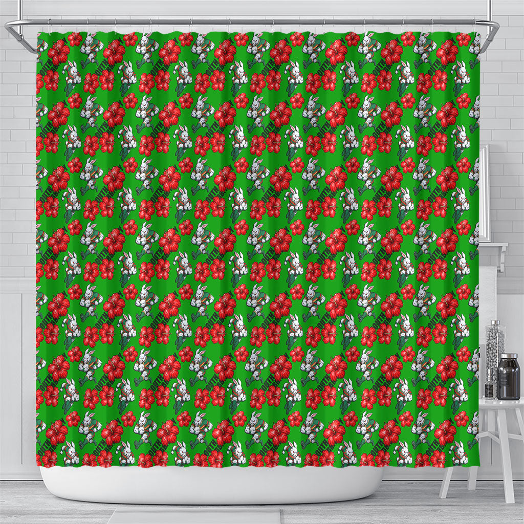 South Sydney Rabbitohs Shower Curtain Tropical Hibiscus Floral Seamless Rugby Mascot