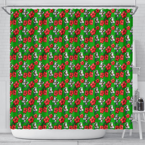 South Sydney Rabbitohs Shower Curtain Tropical Hibiscus Floral Seamless Rugby Mascot