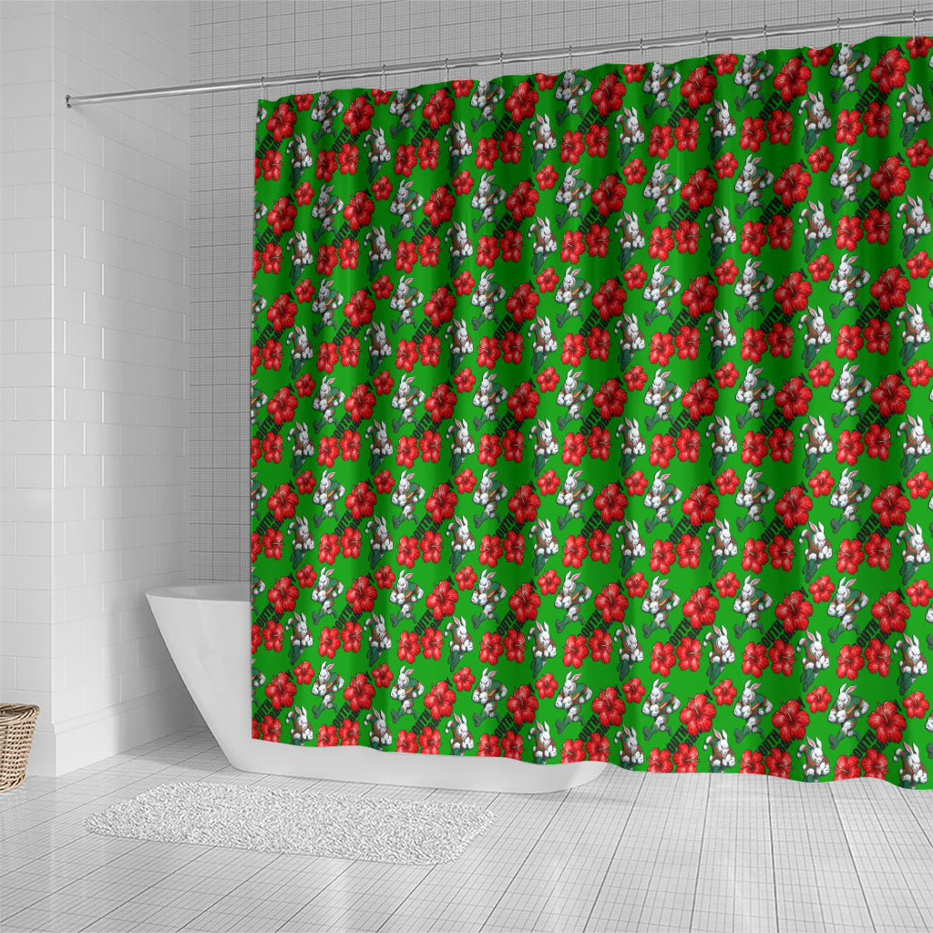South Sydney Rabbitohs Shower Curtain Tropical Hibiscus Floral Seamless Rugby Mascot