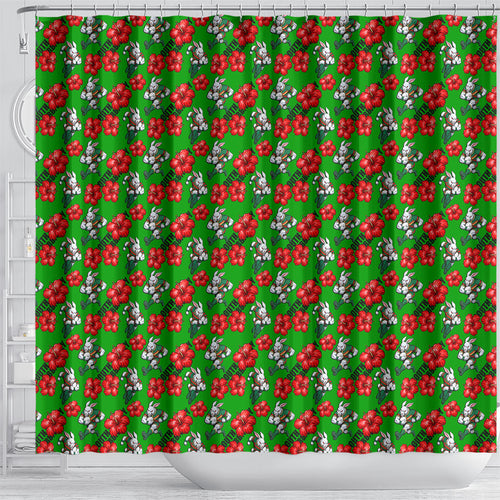South Sydney Rabbitohs Shower Curtain Tropical Hibiscus Floral Seamless Rugby Mascot