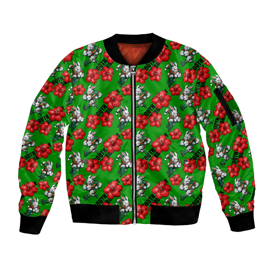 South Sydney Rabbitohs Sleeve Zip Bomber Jacket Tropical Hibiscus Floral Seamless Rugby Mascot