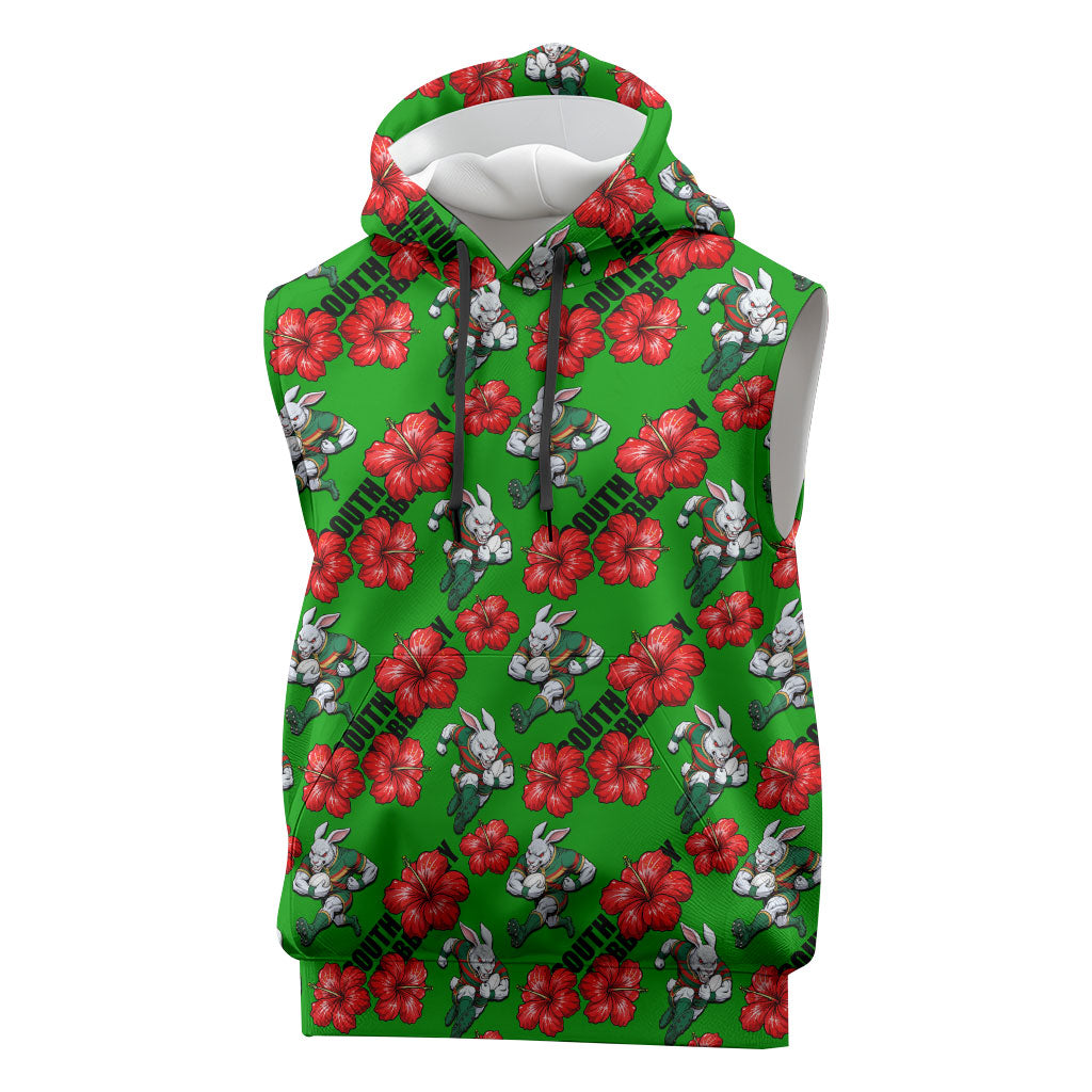 South Sydney Rabbitohs Sleeveless Hoodie Tropical Hibiscus Floral Seamless Rugby Mascot