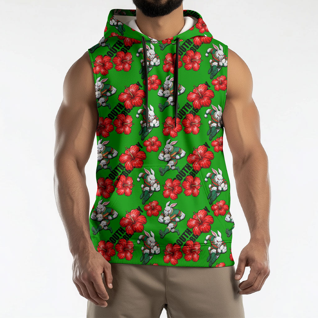 South Sydney Rabbitohs Sleeveless Hoodie Tropical Hibiscus Floral Seamless Rugby Mascot