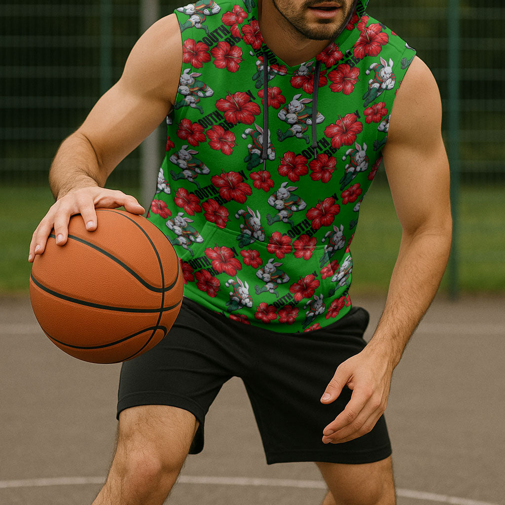 South Sydney Rabbitohs Sleeveless Hoodie Tropical Hibiscus Floral Seamless Rugby Mascot