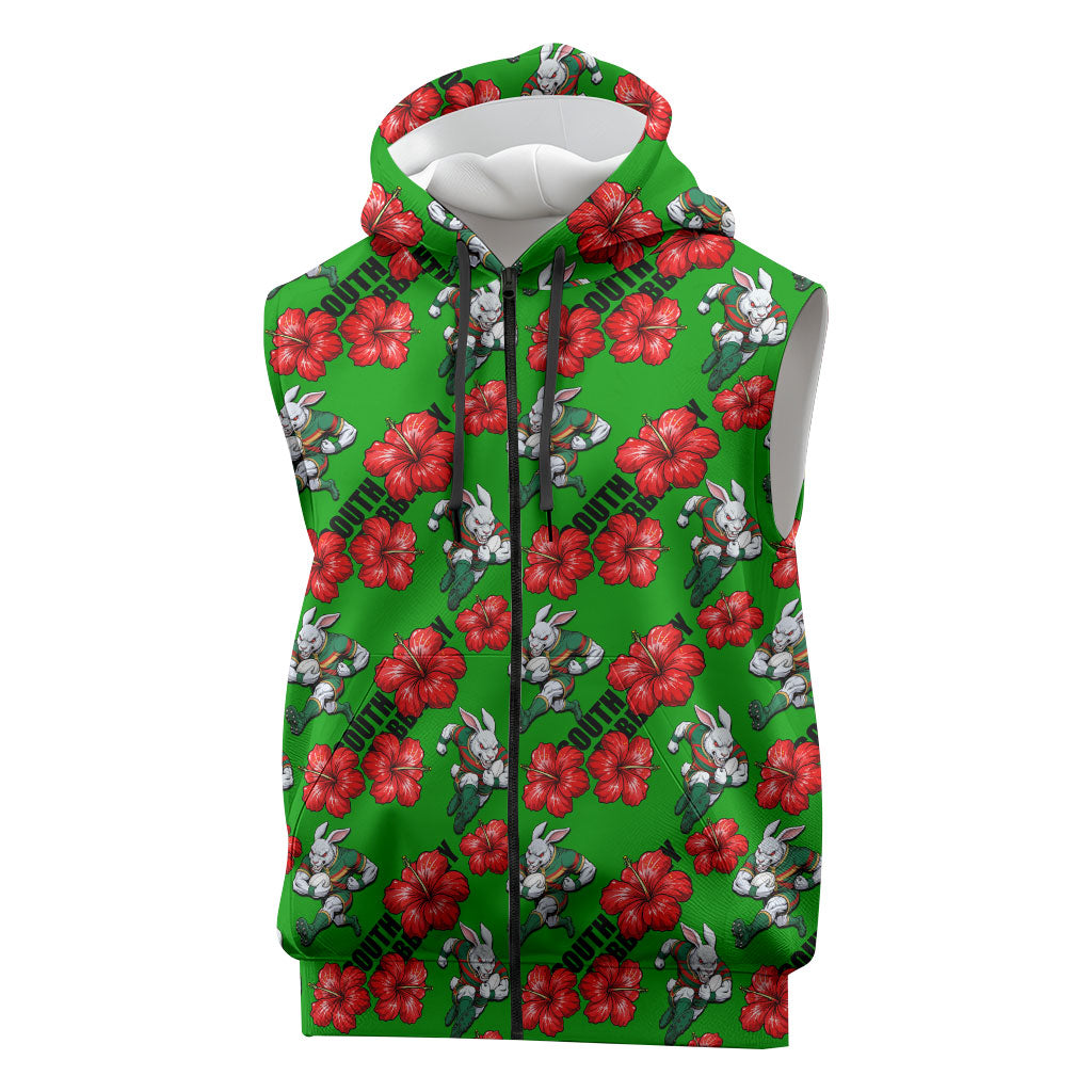 South Sydney Rabbitohs Sleeveless Zip Hoodie Tropical Hibiscus Floral Seamless Rugby Mascot