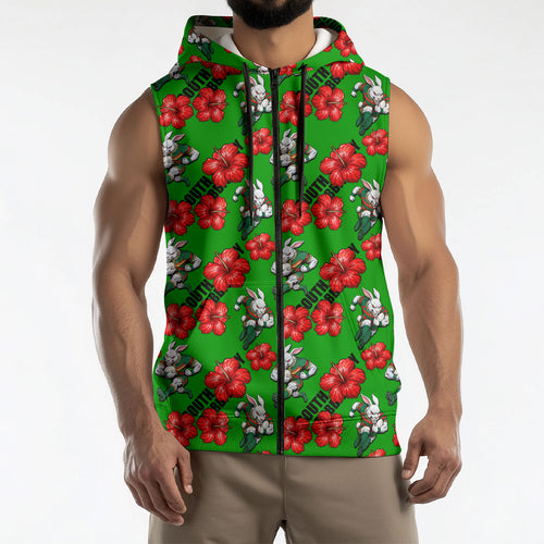 South Sydney Rabbitohs Sleeveless Zip Hoodie Tropical Hibiscus Floral Seamless Rugby Mascot