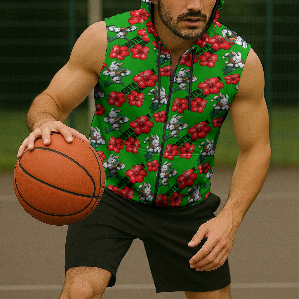 South Sydney Rabbitohs Sleeveless Zip Hoodie Tropical Hibiscus Floral Seamless Rugby Mascot