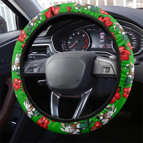 South Sydney Rabbitohs Steering Wheel Cover Tropical Hibiscus Floral Seamless Rugby Mascot