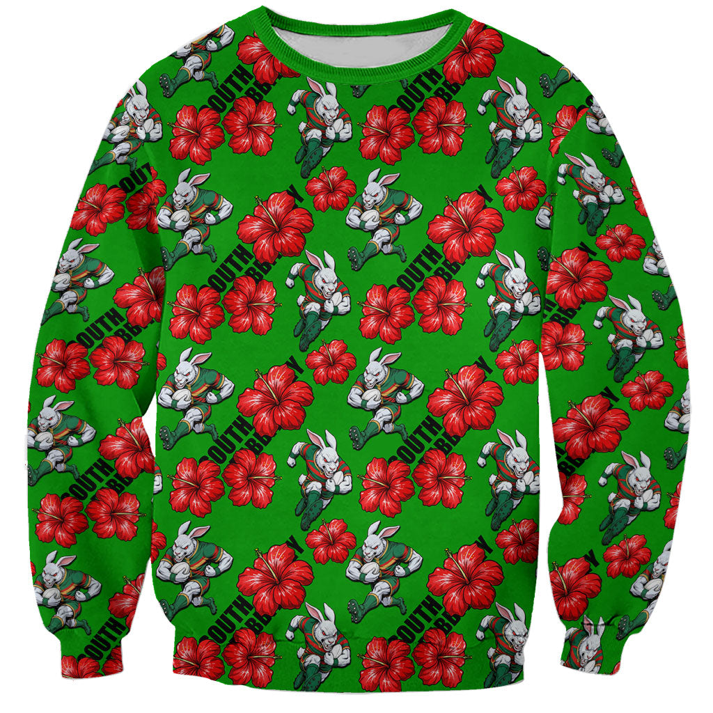 South Sydney Rabbitohs Sweatshirt Tropical Hibiscus Floral Seamless Rugby Mascot