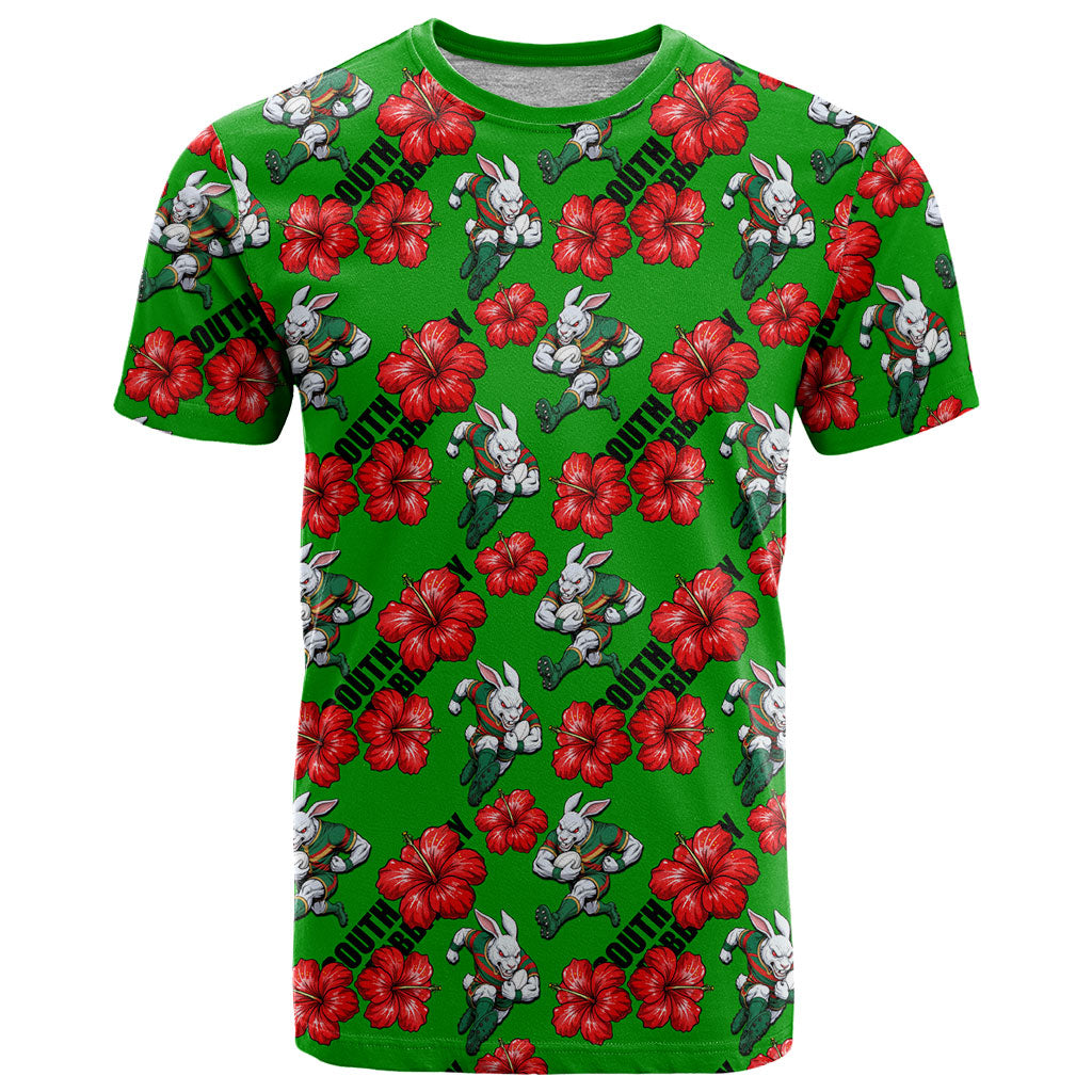 South Sydney Rabbitohs T Shirt Tropical Hibiscus Floral Seamless Rugby Mascot