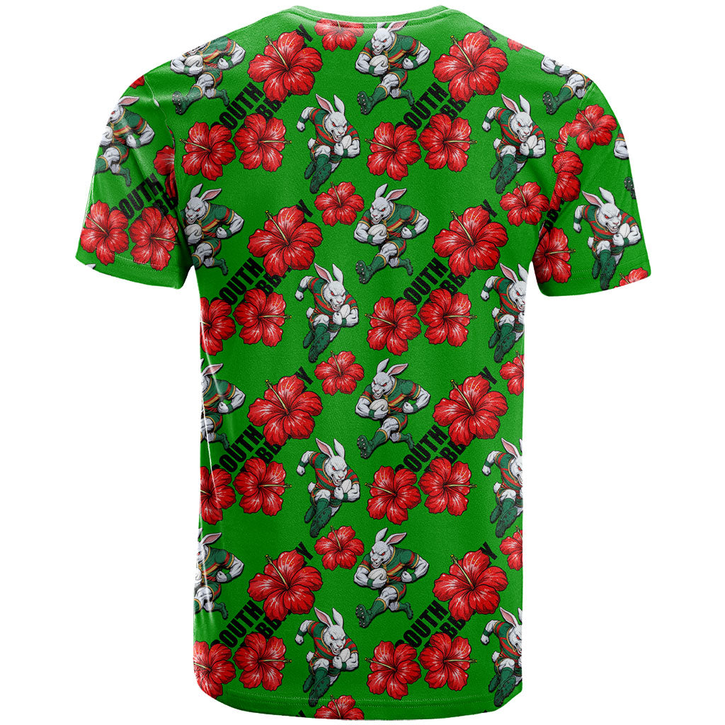 South Sydney Rabbitohs T Shirt Tropical Hibiscus Floral Seamless Rugby Mascot