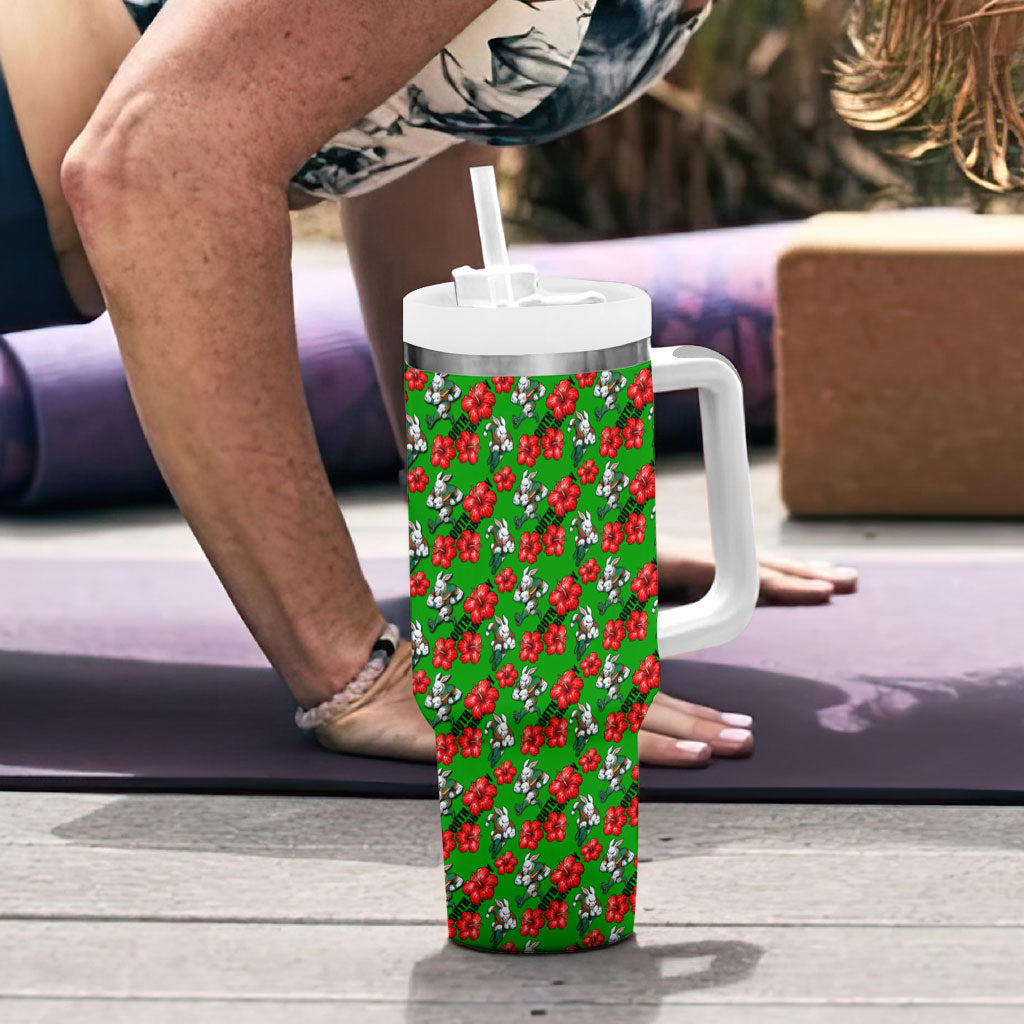 South Sydney Rabbitohs Tumbler With Handle Tropical Hibiscus Floral Seamless Rugby Mascot