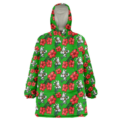South Sydney Rabbitohs Wearable Blanket Hoodie Tropical Hibiscus Floral Seamless Rugby Mascot