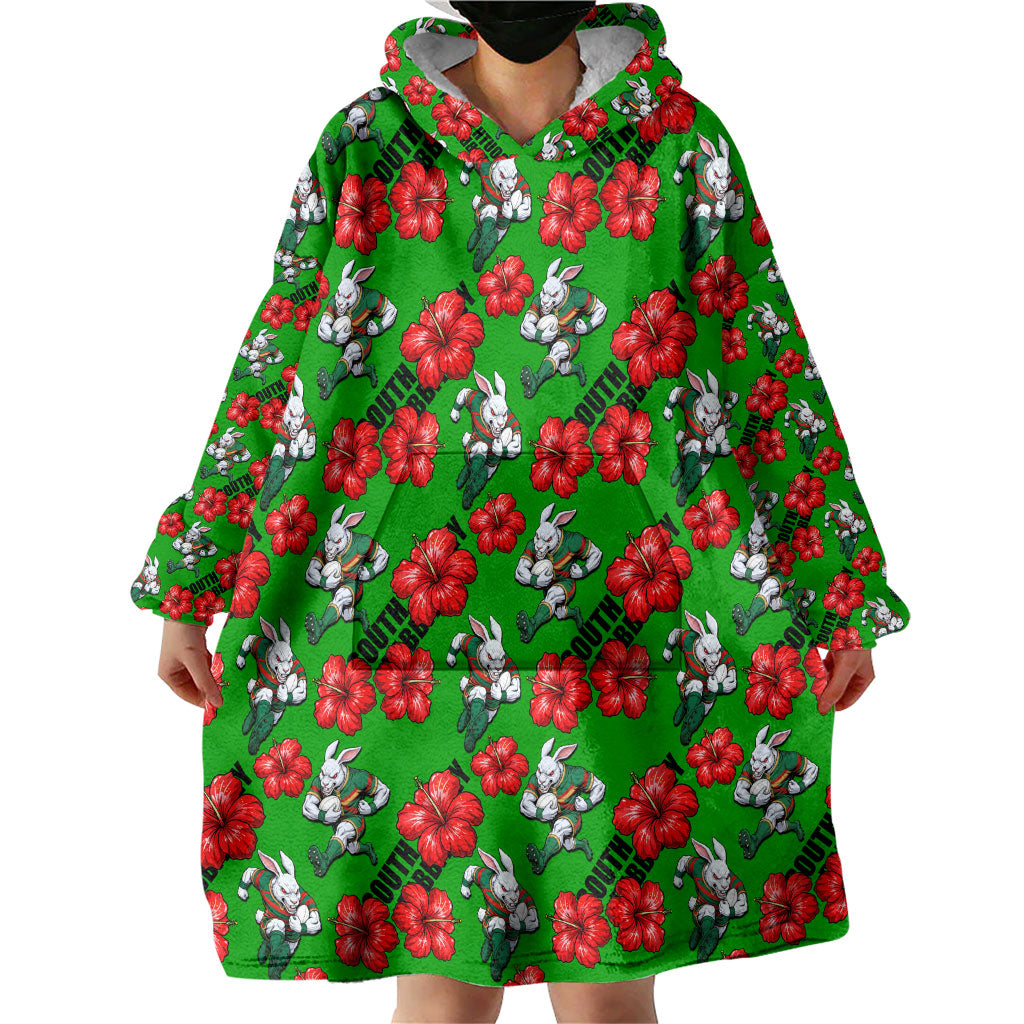 South Sydney Rabbitohs Wearable Blanket Hoodie Tropical Hibiscus Floral Seamless Rugby Mascot