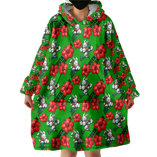 South Sydney Rabbitohs Wearable Blanket Hoodie Tropical Hibiscus Floral Seamless Rugby Mascot