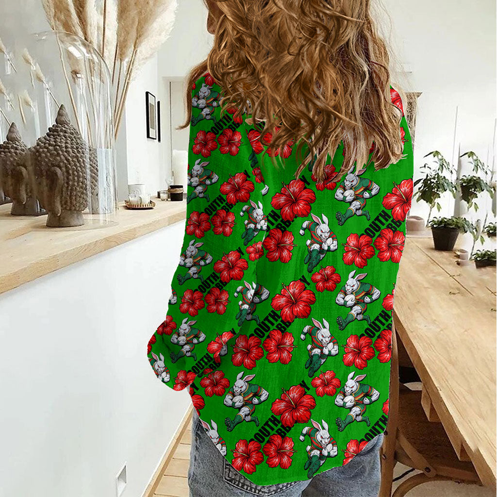 South Sydney Rabbitohs Women Casual Shirt Tropical Hibiscus Floral Seamless Rugby Mascot