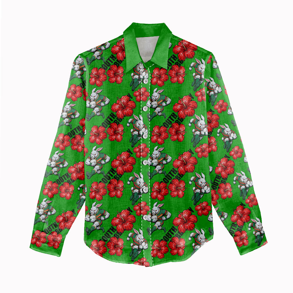 South Sydney Rabbitohs Women Casual Shirt Tropical Hibiscus Floral Seamless Rugby Mascot