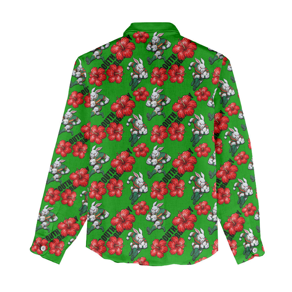 South Sydney Rabbitohs Women Casual Shirt Tropical Hibiscus Floral Seamless Rugby Mascot