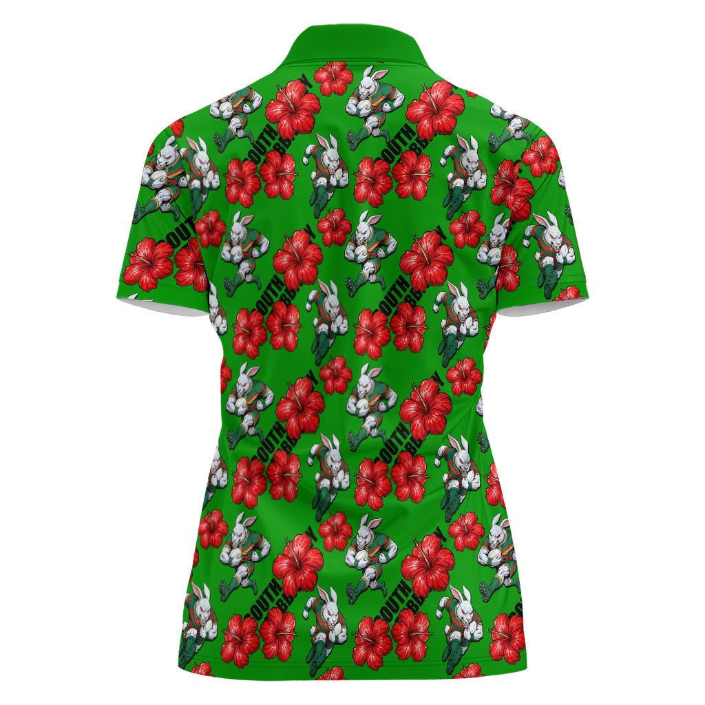 South Sydney Rabbitohs Women Polo Shirt Tropical Hibiscus Floral Seamless Rugby Mascot