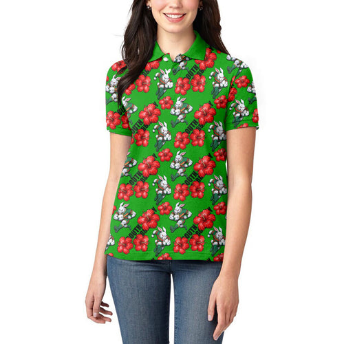 South Sydney Rabbitohs Women Polo Shirt Tropical Hibiscus Floral Seamless Rugby Mascot