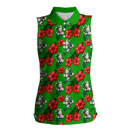 South Sydney Rabbitohs Women Sleeveless Polo Shirt Tropical Hibiscus Floral Seamless Rugby Mascot