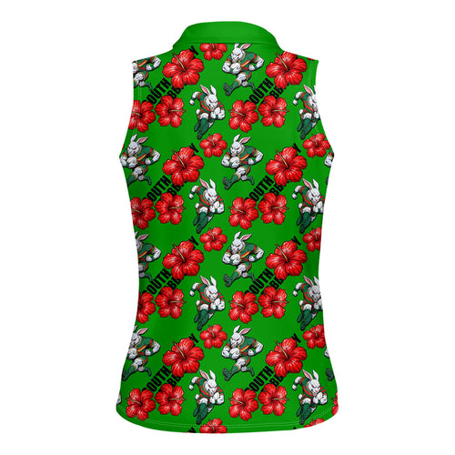 South Sydney Rabbitohs Women Sleeveless Polo Shirt Tropical Hibiscus Floral Seamless Rugby Mascot
