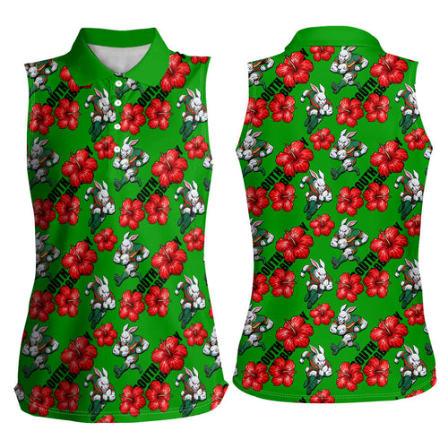 South Sydney Rabbitohs Women Sleeveless Polo Shirt Tropical Hibiscus Floral Seamless Rugby Mascot
