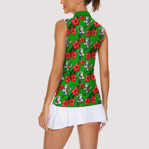 South Sydney Rabbitohs Women Sleeveless Polo Shirt Tropical Hibiscus Floral Seamless Rugby Mascot