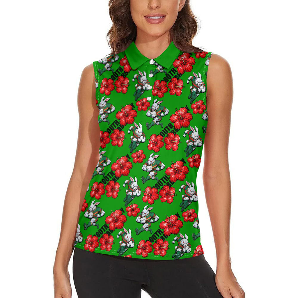 South Sydney Rabbitohs Women Sleeveless Polo Shirt Tropical Hibiscus Floral Seamless Rugby Mascot