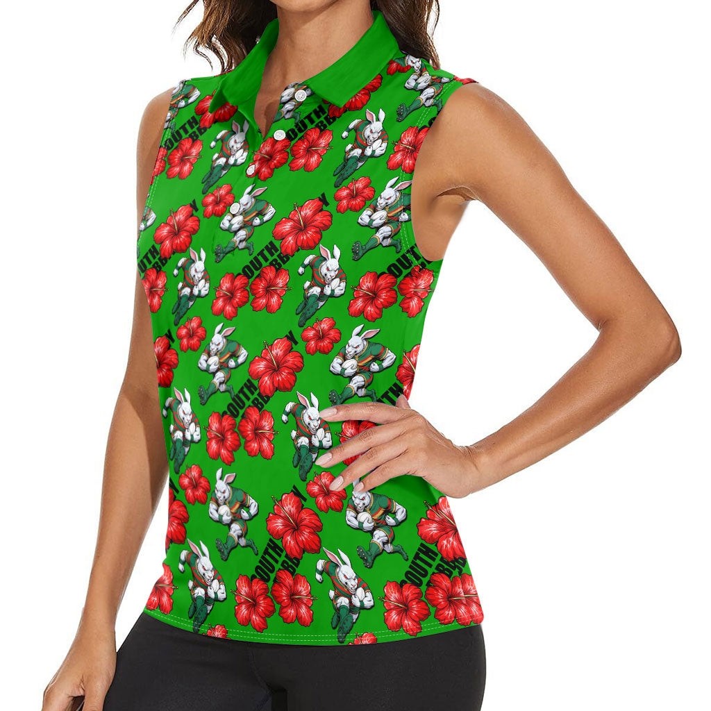 South Sydney Rabbitohs Women Sleeveless Polo Shirt Tropical Hibiscus Floral Seamless Rugby Mascot