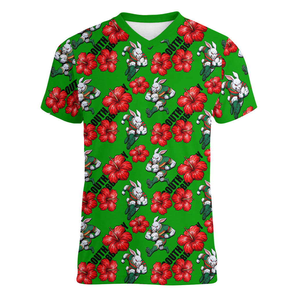 South Sydney Rabbitohs Women V-Neck T-Shirt Tropical Hibiscus Floral Seamless Rugby Mascot