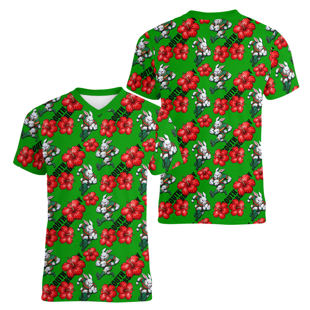 South Sydney Rabbitohs Women V-Neck T-Shirt Tropical Hibiscus Floral Seamless Rugby Mascot