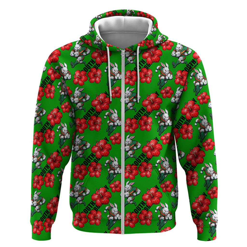 South Sydney Rabbitohs Zip Hoodie Tropical Hibiscus Floral Seamless Rugby Mascot