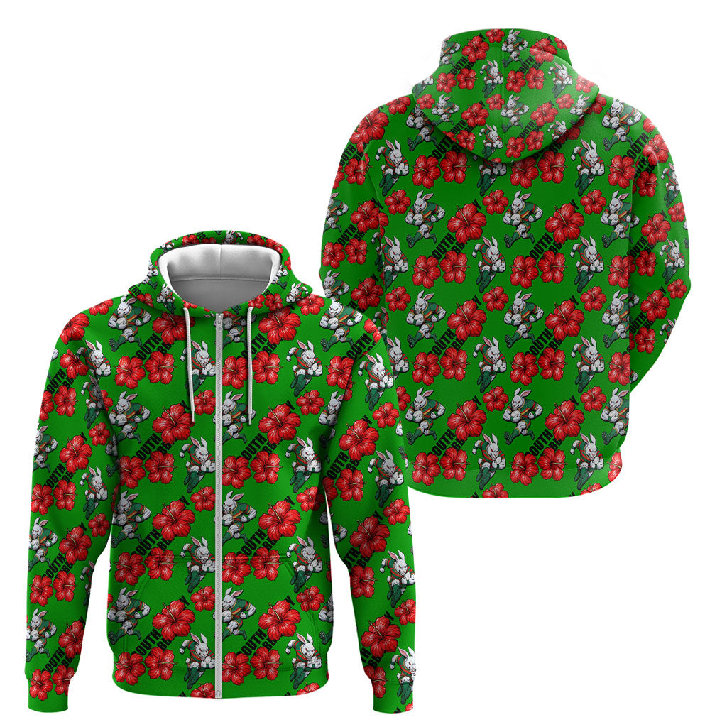 South Sydney Rabbitohs Zip Hoodie Tropical Hibiscus Floral Seamless Rugby Mascot