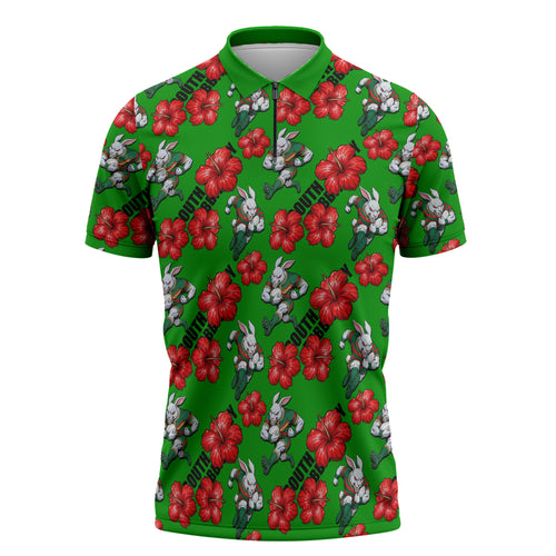 South Sydney Rabbitohs Zipper Polo Shirt Tropical Hibiscus Floral Seamless Rugby Mascot