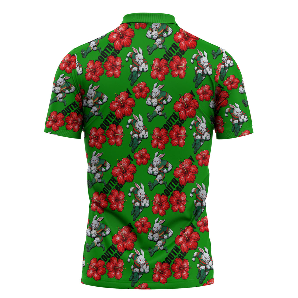 South Sydney Rabbitohs Zipper Polo Shirt Tropical Hibiscus Floral Seamless Rugby Mascot
