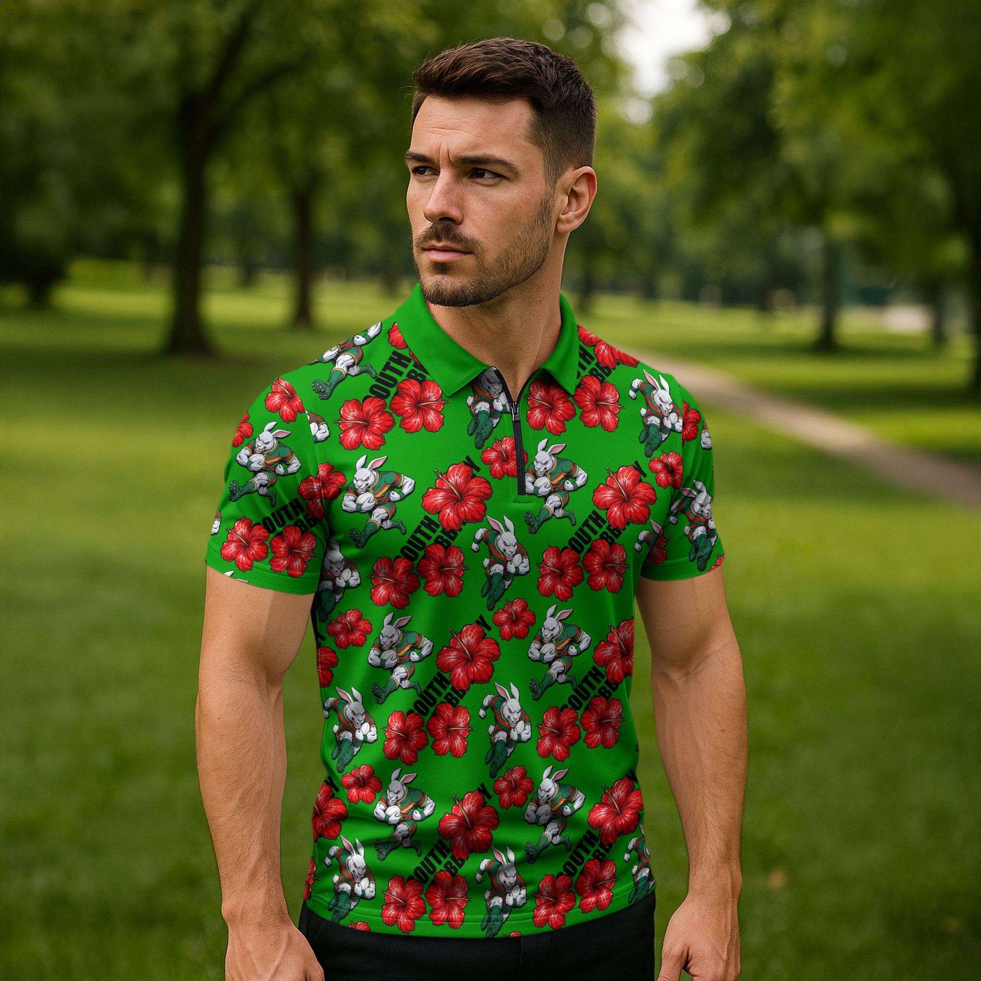 South Sydney Rabbitohs Zipper Polo Shirt Tropical Hibiscus Floral Seamless Rugby Mascot