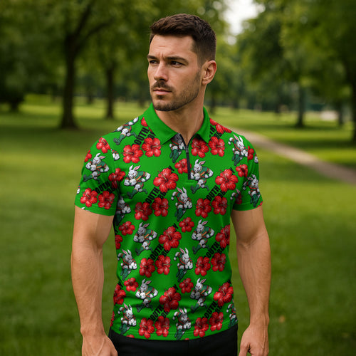 South Sydney Rabbitohs Zipper Polo Shirt Tropical Hibiscus Floral Seamless Rugby Mascot