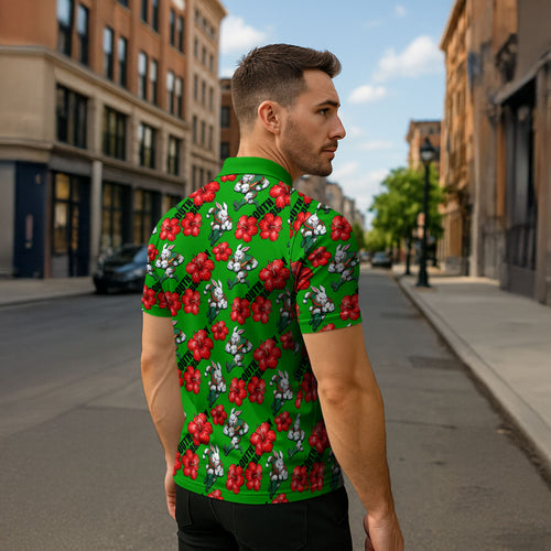 South Sydney Rabbitohs Zipper Polo Shirt Tropical Hibiscus Floral Seamless Rugby Mascot