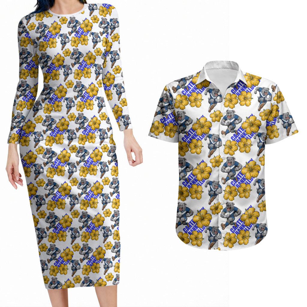 Canterbury-Bankstown Bulldogs Couples Matching Long Sleeve Bodycon Dress and Hawaiian Shirt Tropical Hibiscus Floral Seamless Rugby Mascot