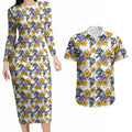 Canterbury-Bankstown Bulldogs Couples Matching Long Sleeve Bodycon Dress and Hawaiian Shirt Tropical Hibiscus Floral Seamless Rugby Mascot