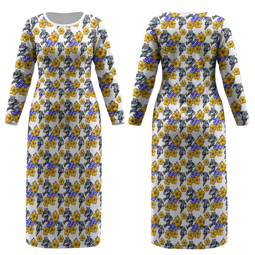 Canterbury-Bankstown Bulldogs Couples Matching Long Sleeve Bodycon Dress and Hawaiian Shirt Tropical Hibiscus Floral Seamless Rugby Mascot