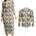 Canterbury-Bankstown Bulldogs Couples Matching Long Sleeve Bodycon Dress and Long Sleeve Button Shirt Tropical Hibiscus Floral Seamless Rugby Mascot