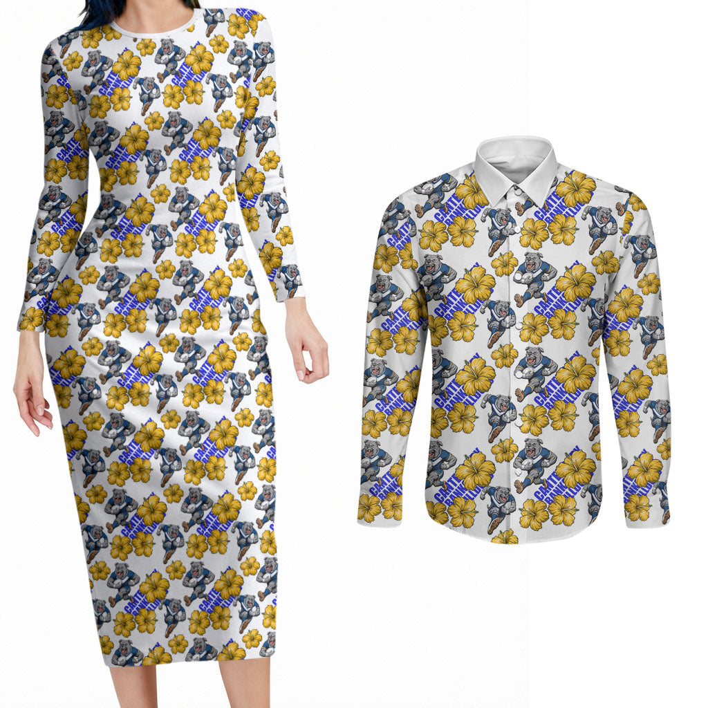 Canterbury-Bankstown Bulldogs Couples Matching Long Sleeve Bodycon Dress and Long Sleeve Button Shirt Tropical Hibiscus Floral Seamless Rugby Mascot