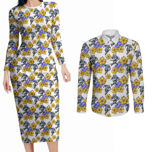 Canterbury-Bankstown Bulldogs Couples Matching Long Sleeve Bodycon Dress and Long Sleeve Button Shirt Tropical Hibiscus Floral Seamless Rugby Mascot
