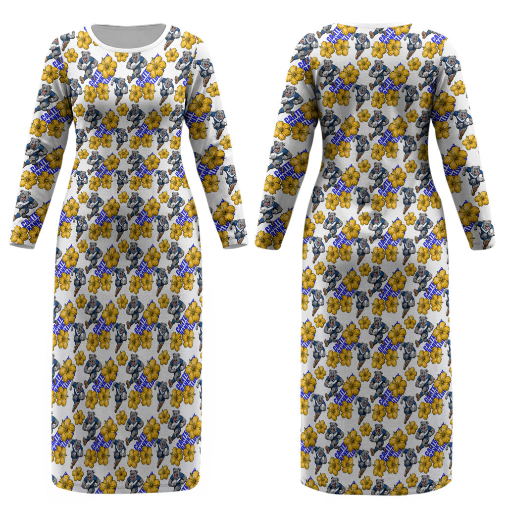 Canterbury-Bankstown Bulldogs Couples Matching Long Sleeve Bodycon Dress and Long Sleeve Button Shirt Tropical Hibiscus Floral Seamless Rugby Mascot