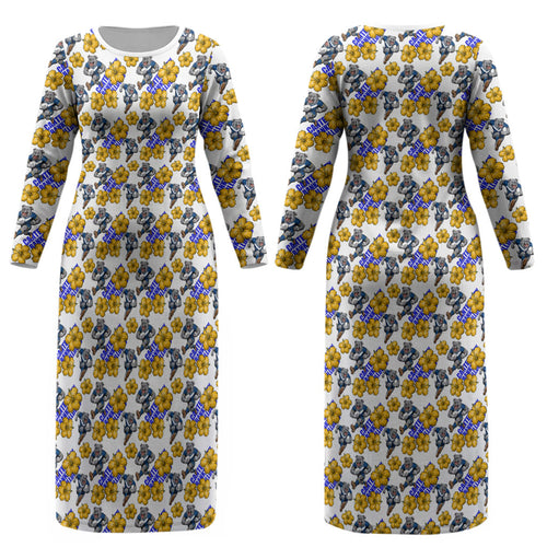 Canterbury-Bankstown Bulldogs Couples Matching Long Sleeve Bodycon Dress and Long Sleeve Button Shirt Tropical Hibiscus Floral Seamless Rugby Mascot