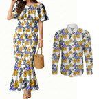 Canterbury-Bankstown Bulldogs Couples Matching Mermaid Dress and Long Sleeve Button Shirt Tropical Hibiscus Floral Seamless Rugby Mascot