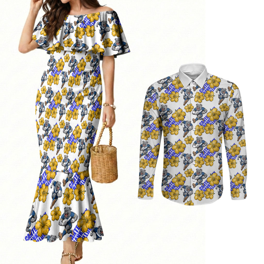 Canterbury-Bankstown Bulldogs Couples Matching Mermaid Dress and Long Sleeve Button Shirt Tropical Hibiscus Floral Seamless Rugby Mascot